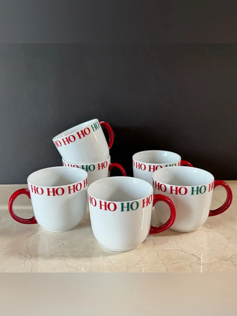 (Set/6) Crate & Barrel Ceramic HO HO HO White Holiday Mugs w/Red Handles